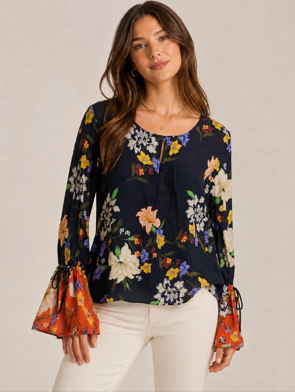 461.Kobi Halperin Silk Blend Floral Blouse with Bell Cuffs